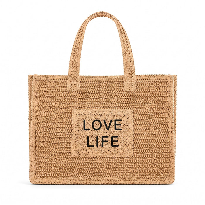 Ciutadella - Straw Beach Tote with LOVE LIFE embroidered patch, front view