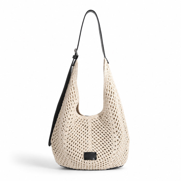 Denia - Crochet Crossbody Bag in Beige, front view on white background