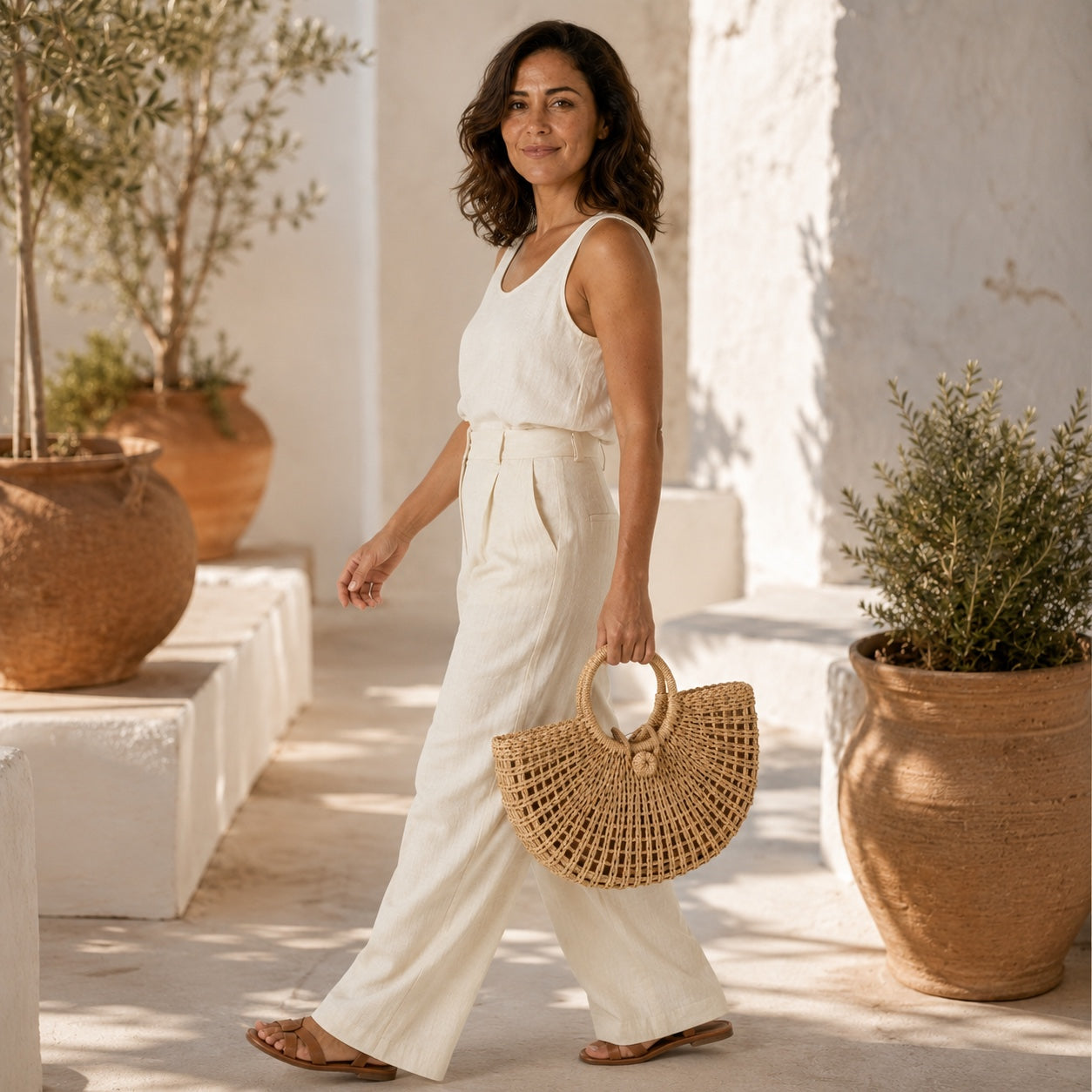 Model wearing the Agropoli - Round Rattan Bag, side view