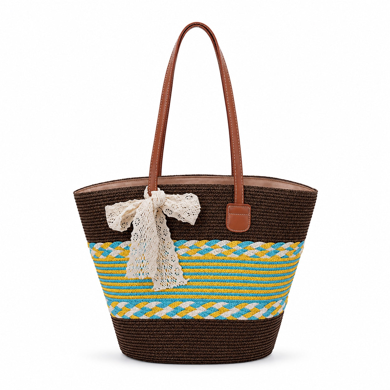 Alcudia - Straw Tote Bag in Coffee, front view