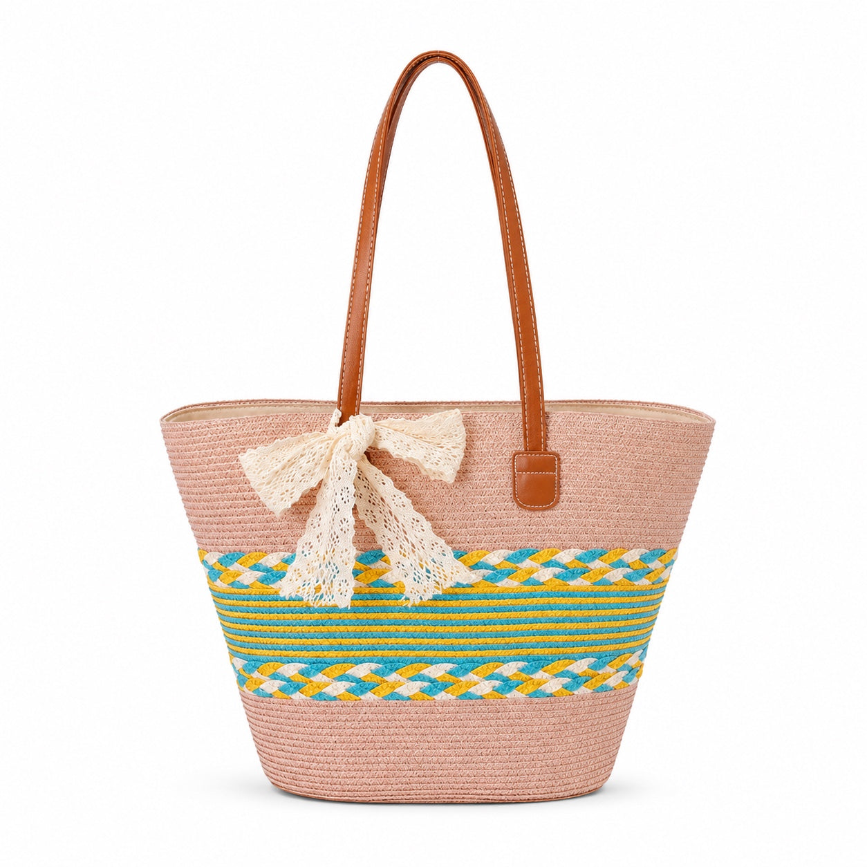 Alcudia - Straw Tote Bag in Pink, front view