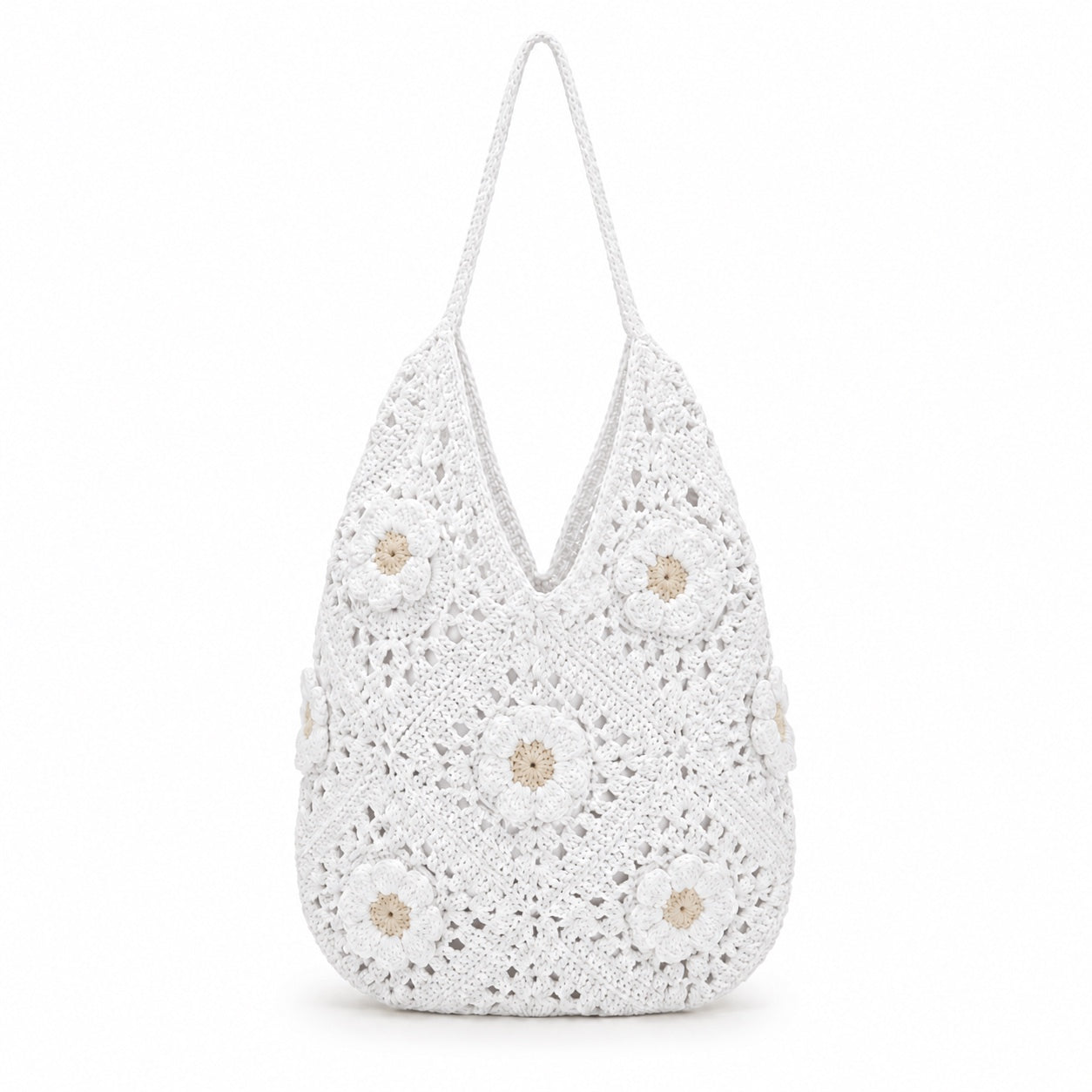 Alonissos - Crochet Tote Bag in White sunflower, front view