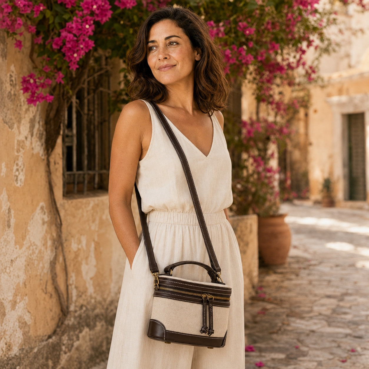 Model wearing the Altea Straw Crossbody Bag, side view