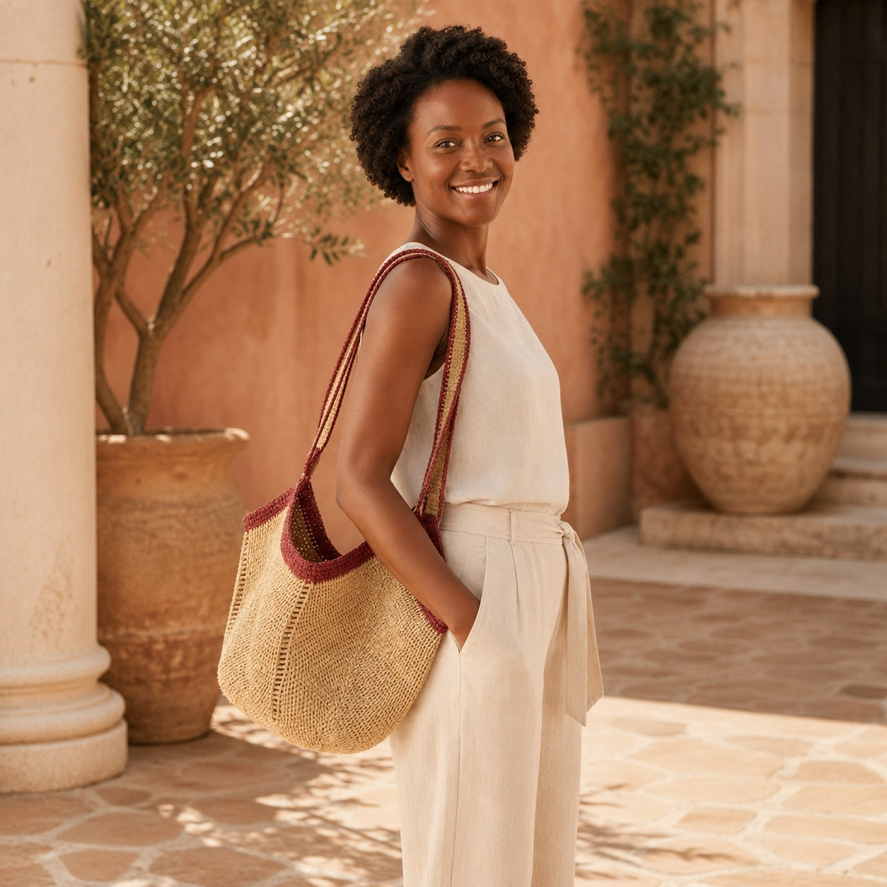 Model wearing the Andros - Raffia Bucket Bag, side view