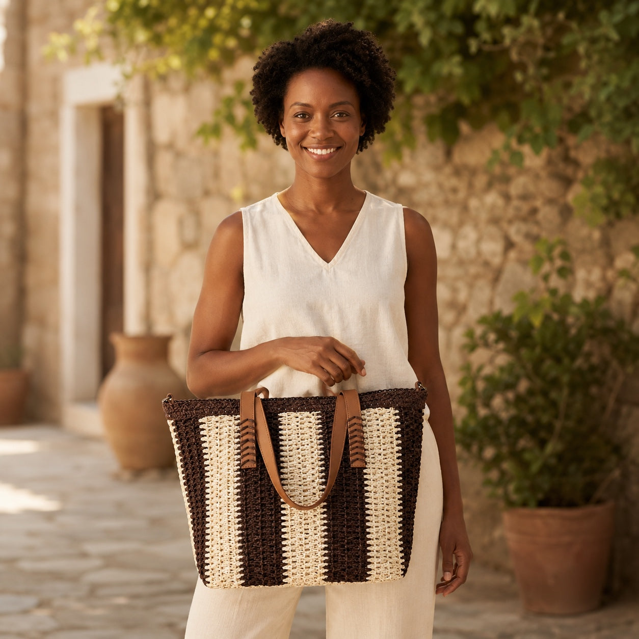 Model carrying the Antibes - Straw Beach Tote