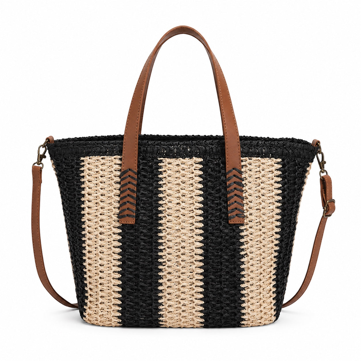 Antibes - Straw Beach Tote in Black, front view