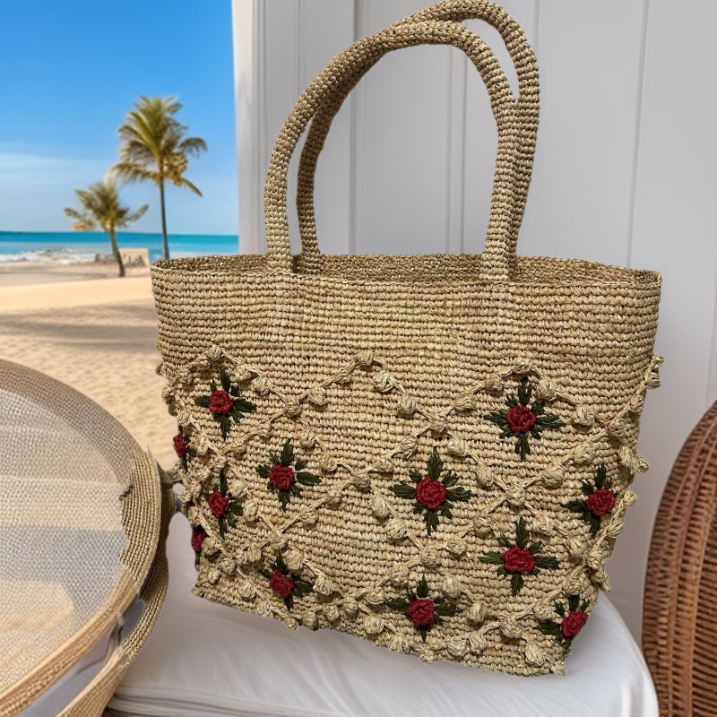 Raffia 3D Rose Flower Handbag For Women