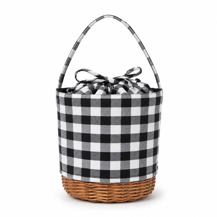 Binibeca rattan bucket bag, front view on white background