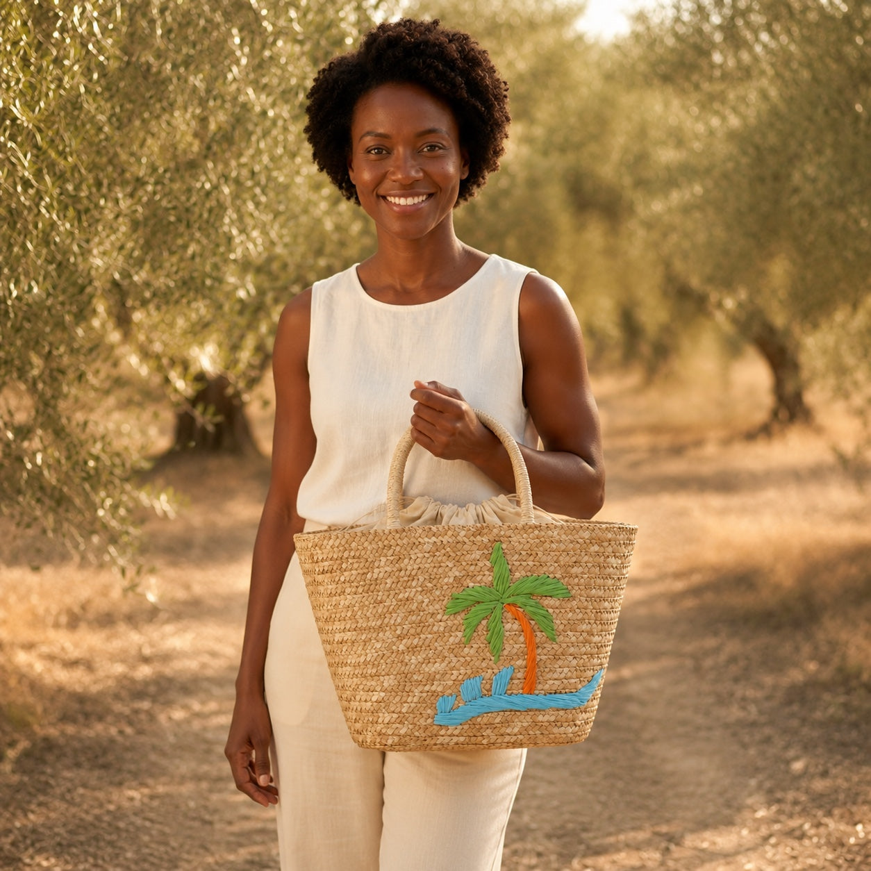 Model carrying the Bonifacio - Straw Tote Bag