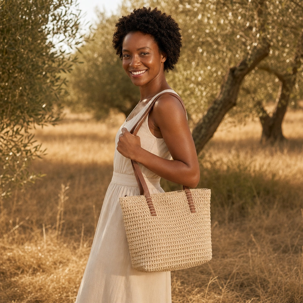 Model wearing the Brac - Straw Beach Tote, side view