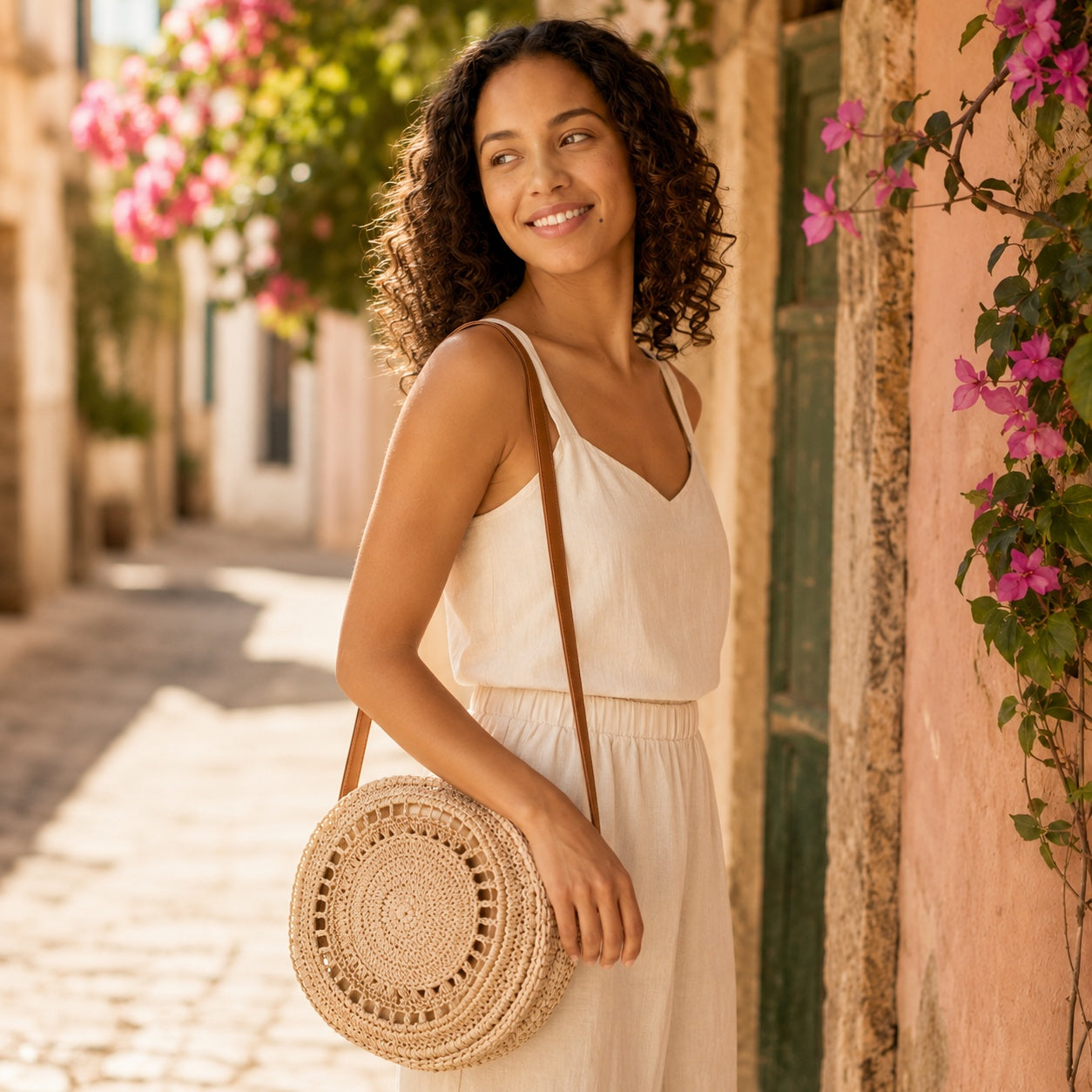 Model wearing the Budva - Round Rattan Bag, side view
