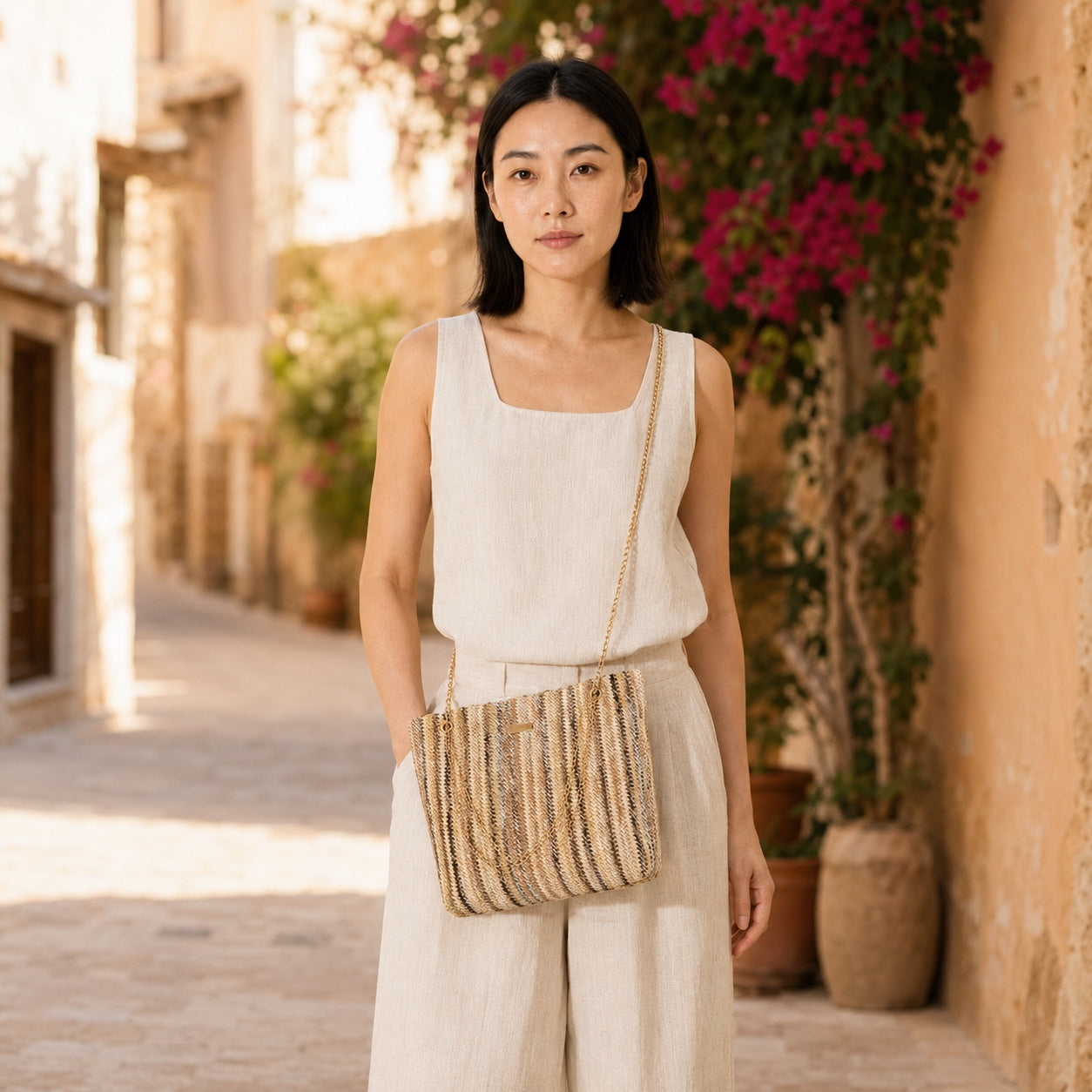 Model carrying the Calpe Rattan Crossbody Bag