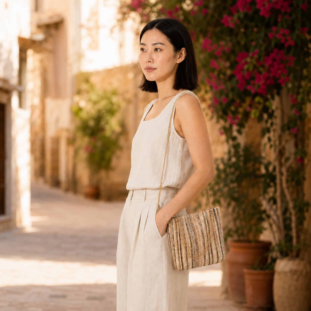 Model wearing the Calpe Rattan Crossbody Bag, side view
