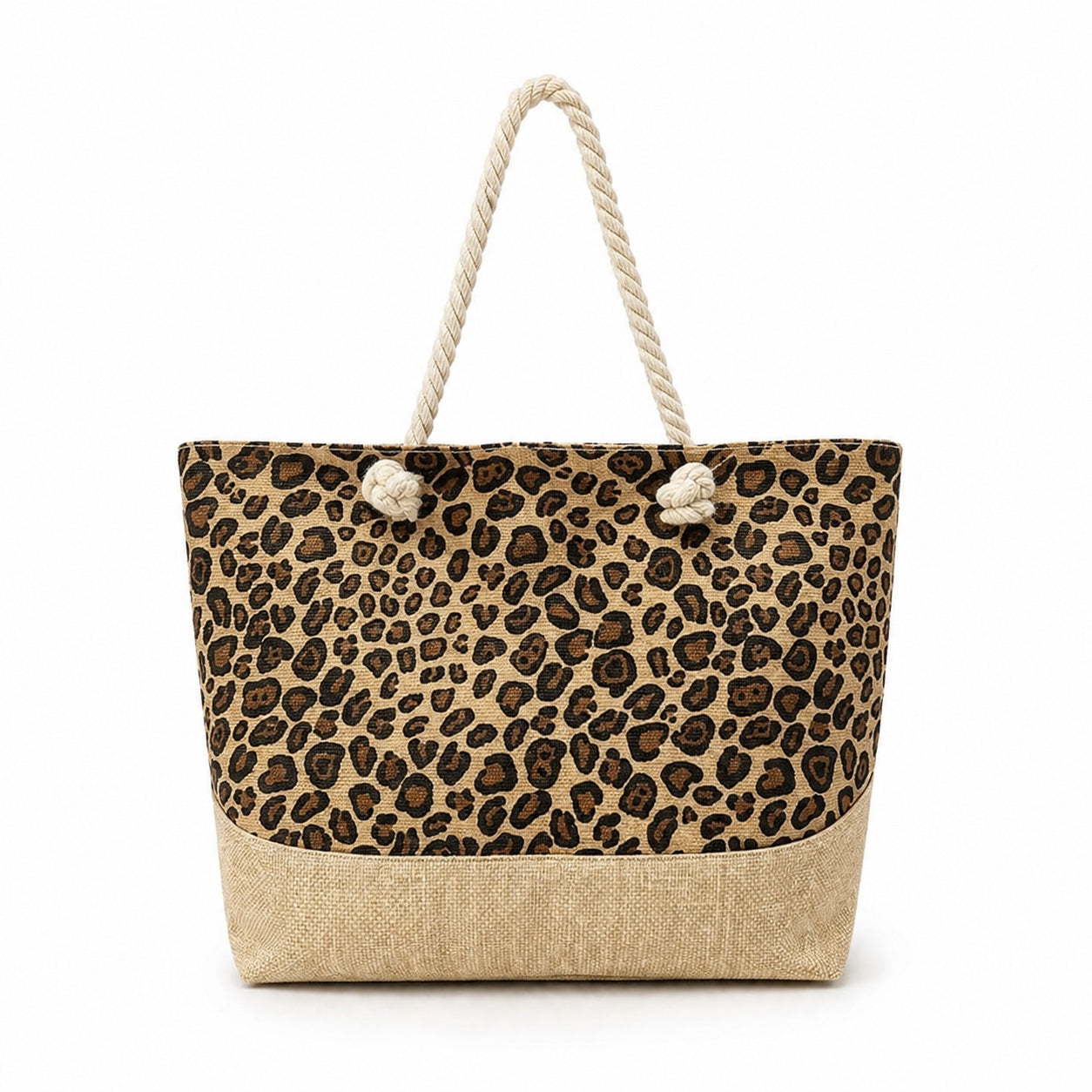 Calvi - Straw Beach Tote in Leopard Print, front view on white background
