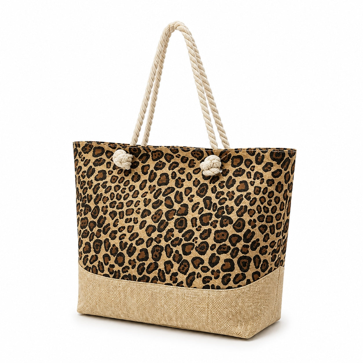 Calvi - Straw Beach Tote in Leopard Print, three-quarter front view