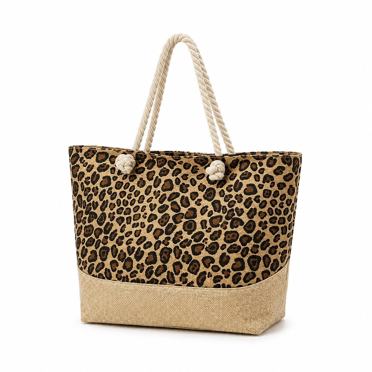 Calvi - Straw Beach Tote in Leopard Print, three-quarter back view