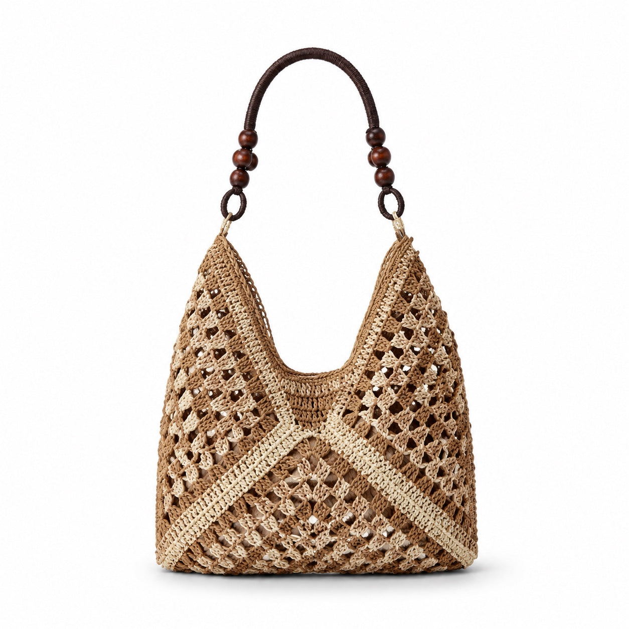 Chia - Straw Bucket Bag in Brown-Beige, front view