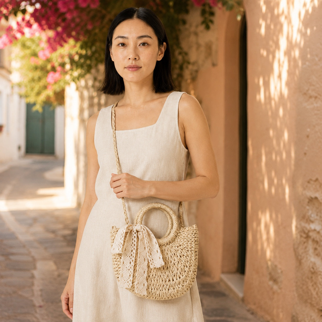 Model carrying the Cunda - Rattan Crossbody Bag