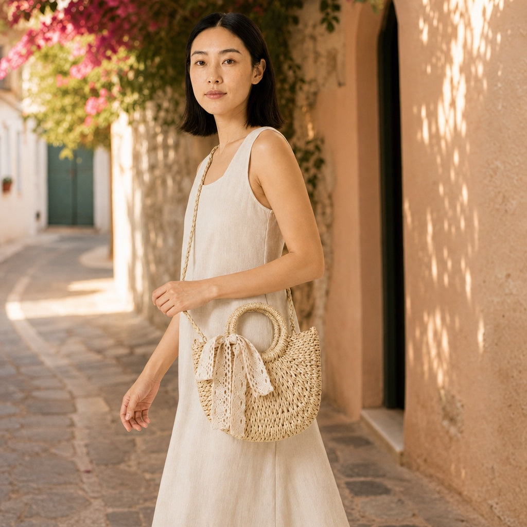 Model wearing the Cunda - Rattan Crossbody Bag, side view