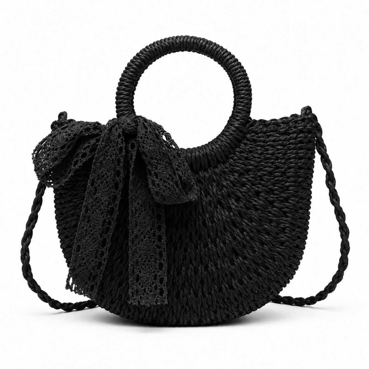 Cunda - Rattan Crossbody Bag in Black, front view