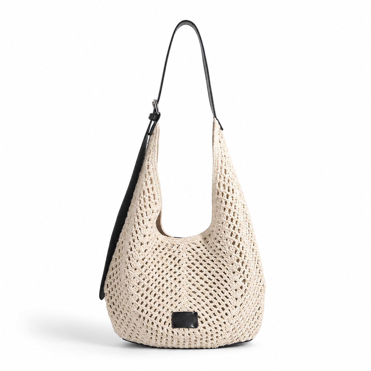 Denia - Crochet Crossbody Bag in Beige, front view on white background