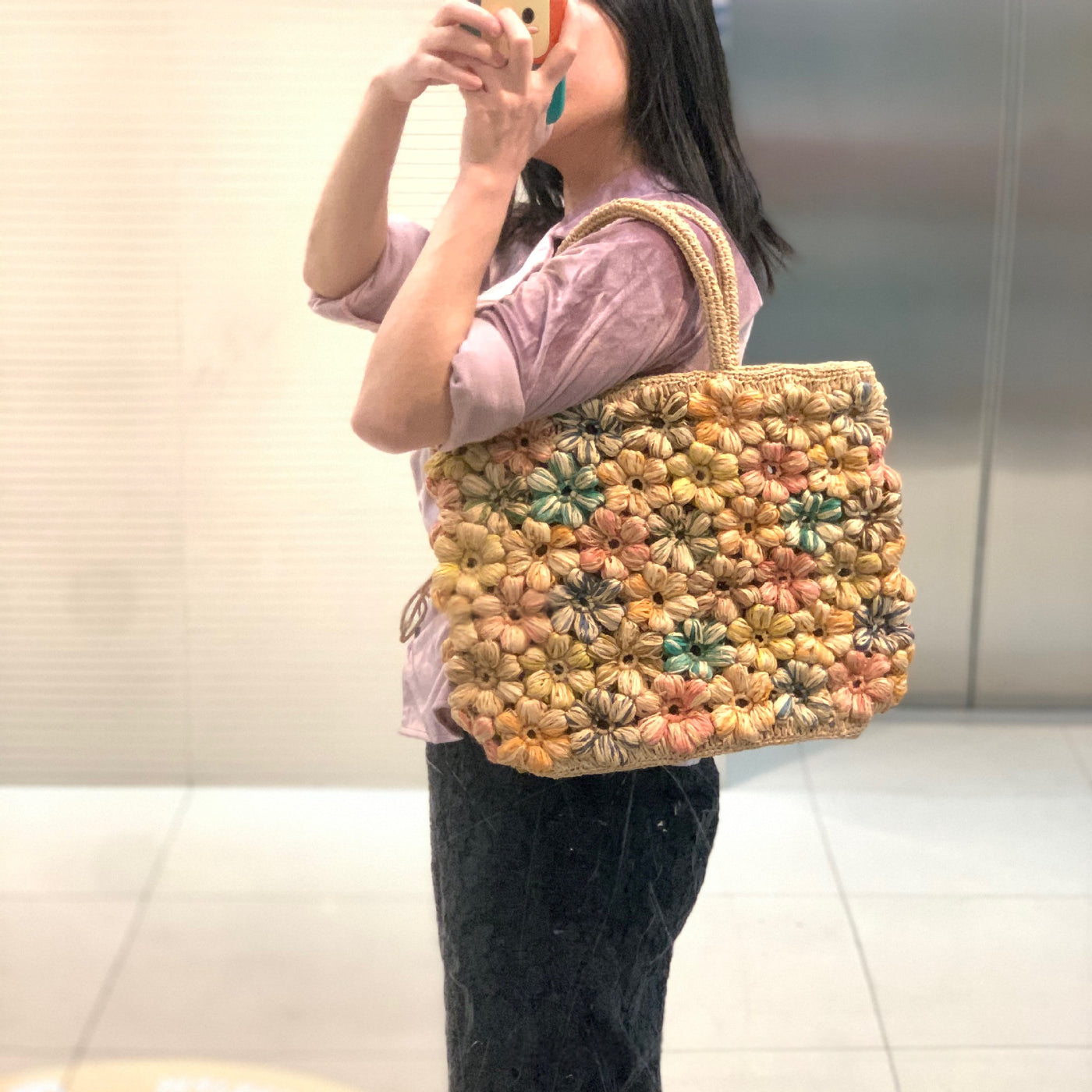 High-quality Raffia Handbag With Color-blocking