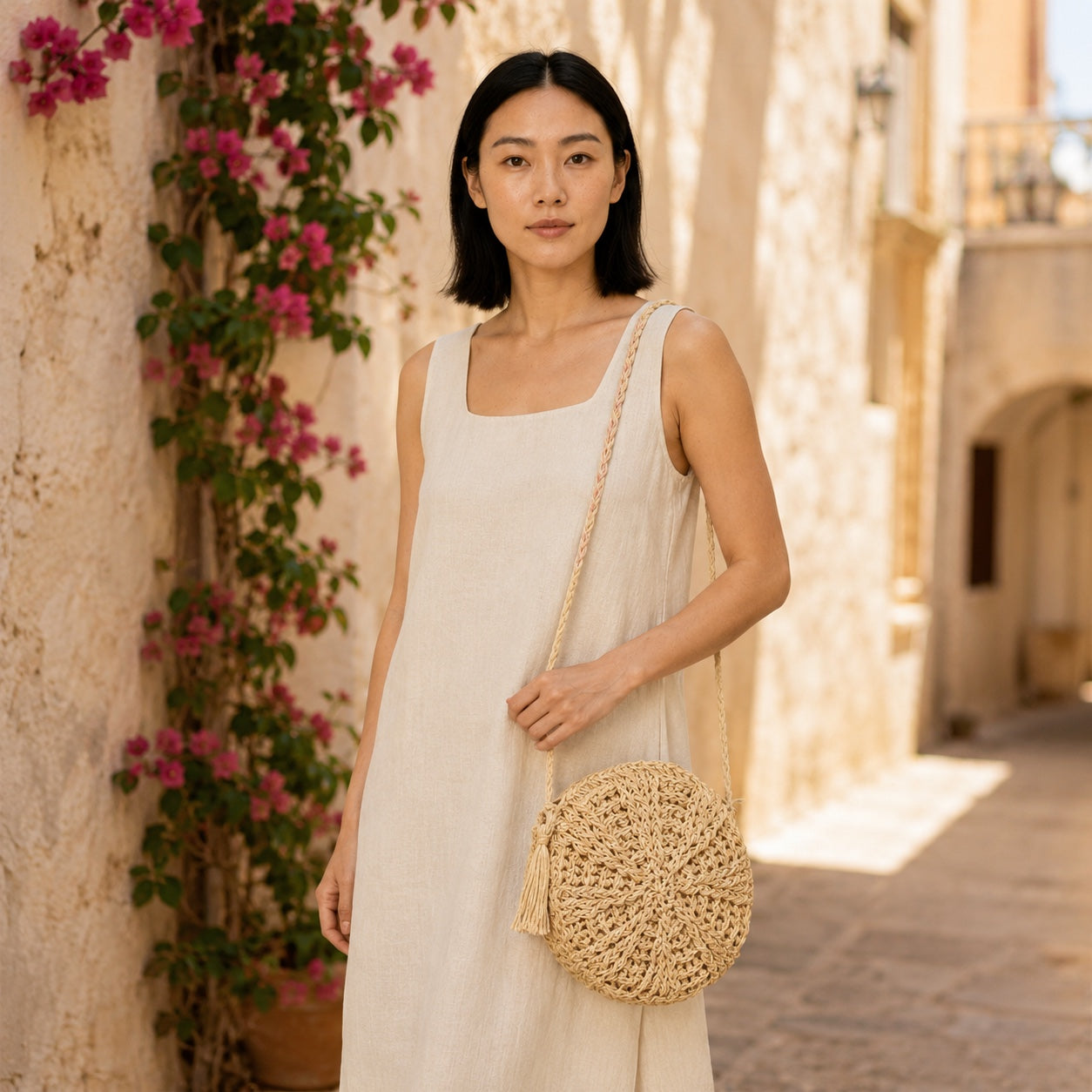 Model carrying the Fiskardo - Rattan Crossbody Bag