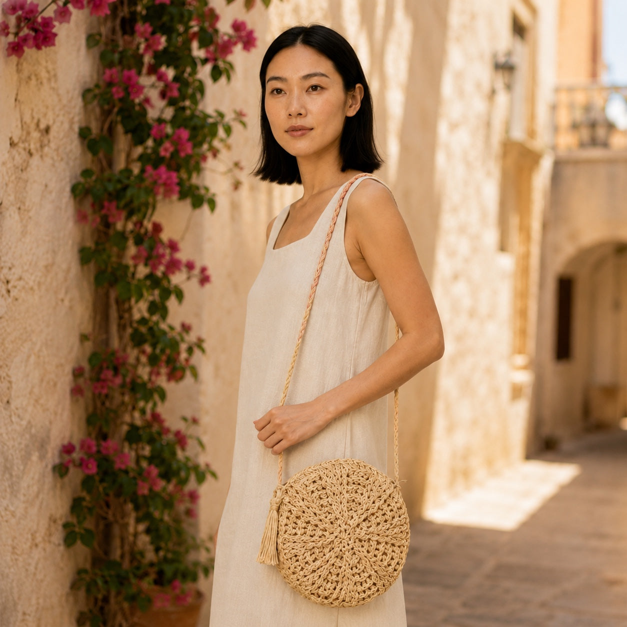 Model wearing the Fiskardo - Rattan Crossbody Bag, side view