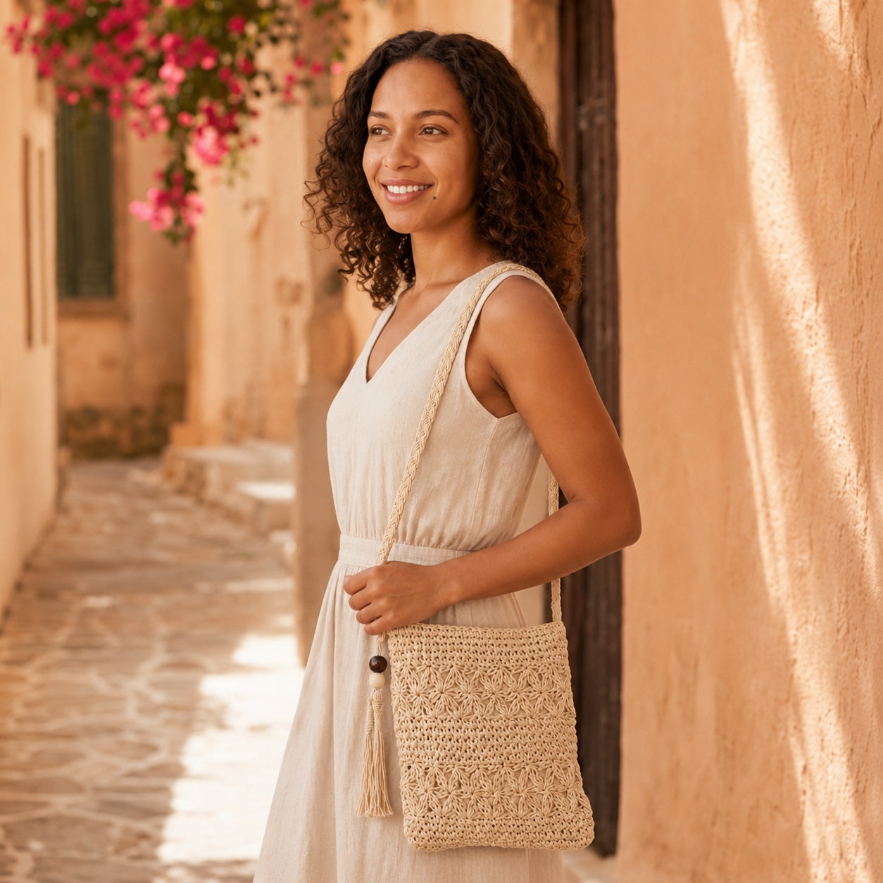 Model wearing the Getaria - Straw Crossbody Bag, side view