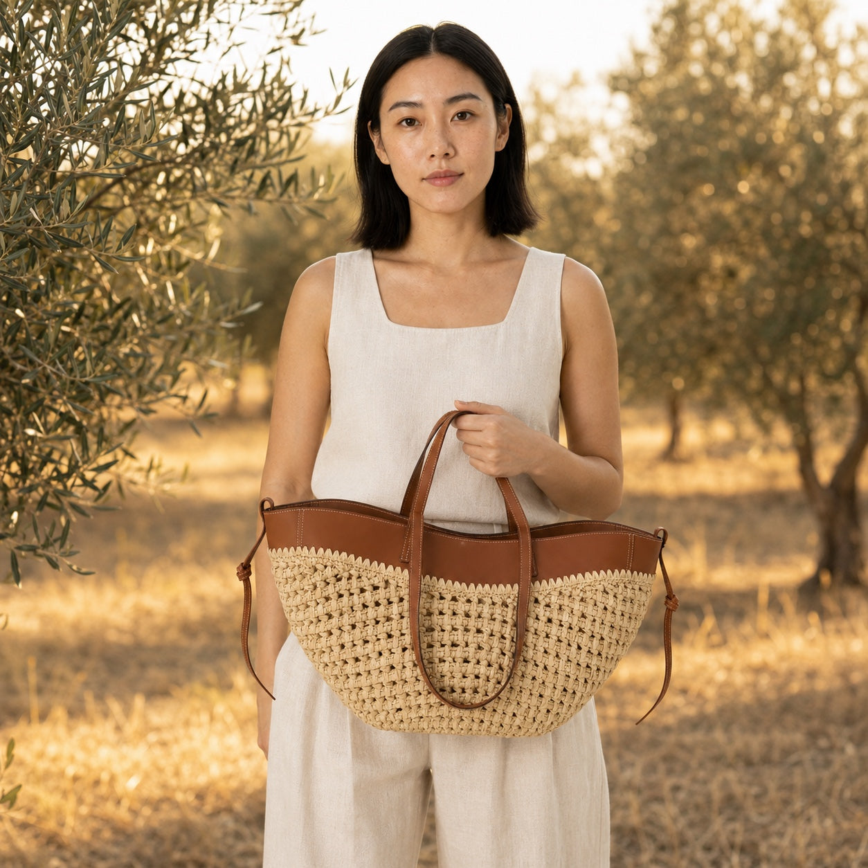 Model carrying the Gythio - Straw Bucket Bag