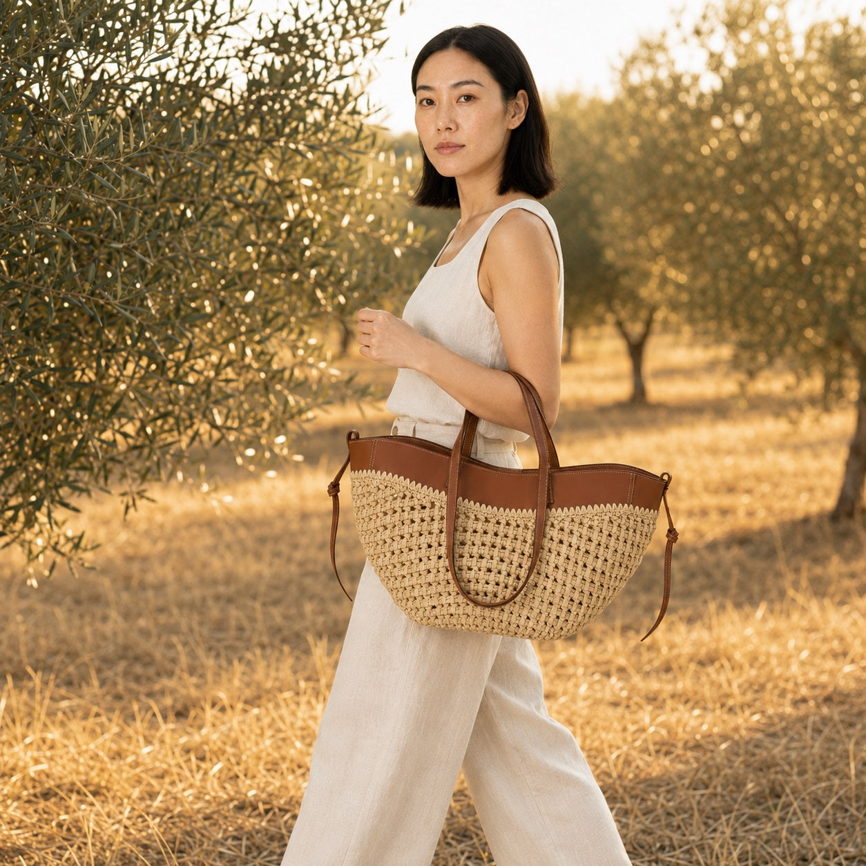 Model wearing the Gythio - Straw Bucket Bag, side view