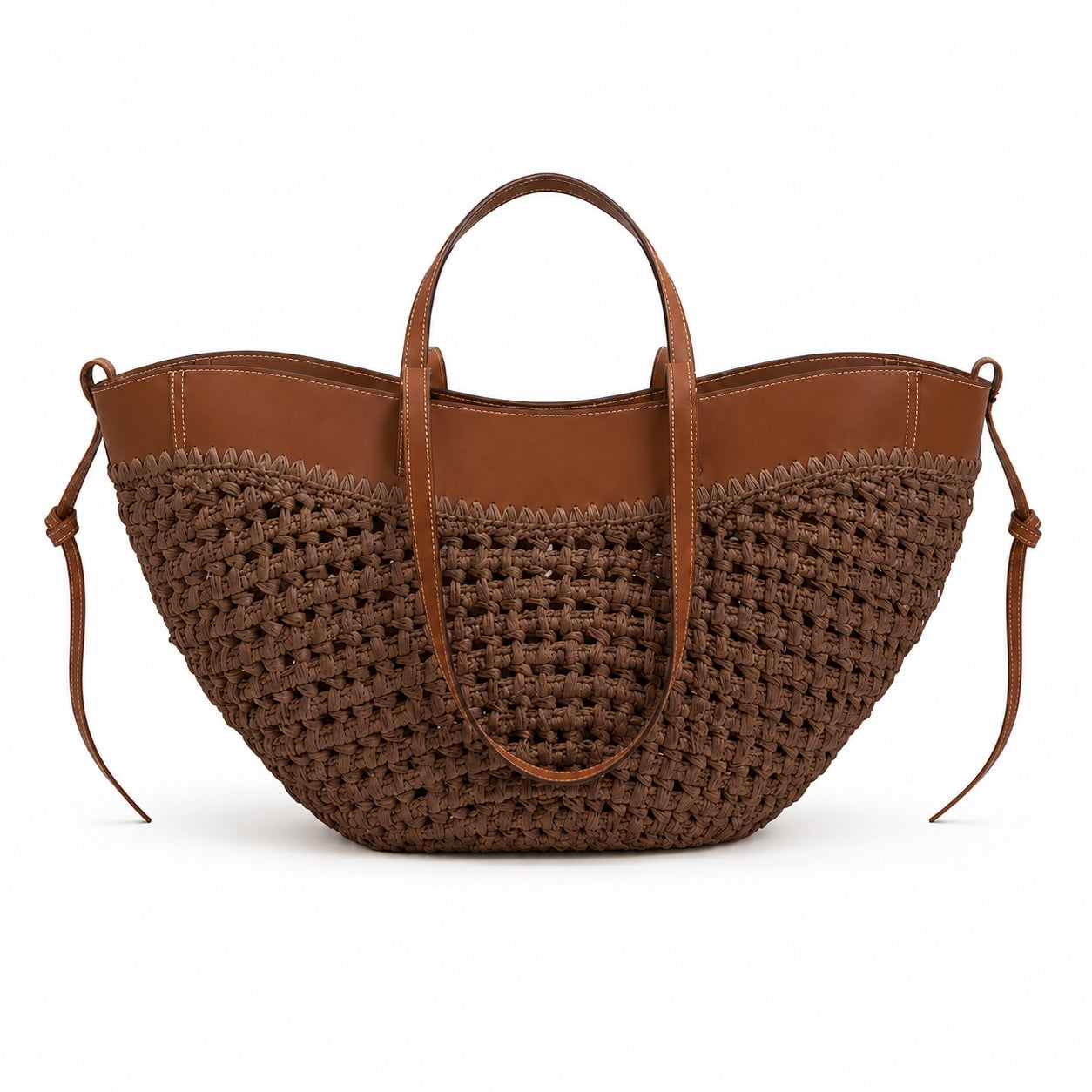 Gythio - Straw Bucket Bag in Style B coffee, front view