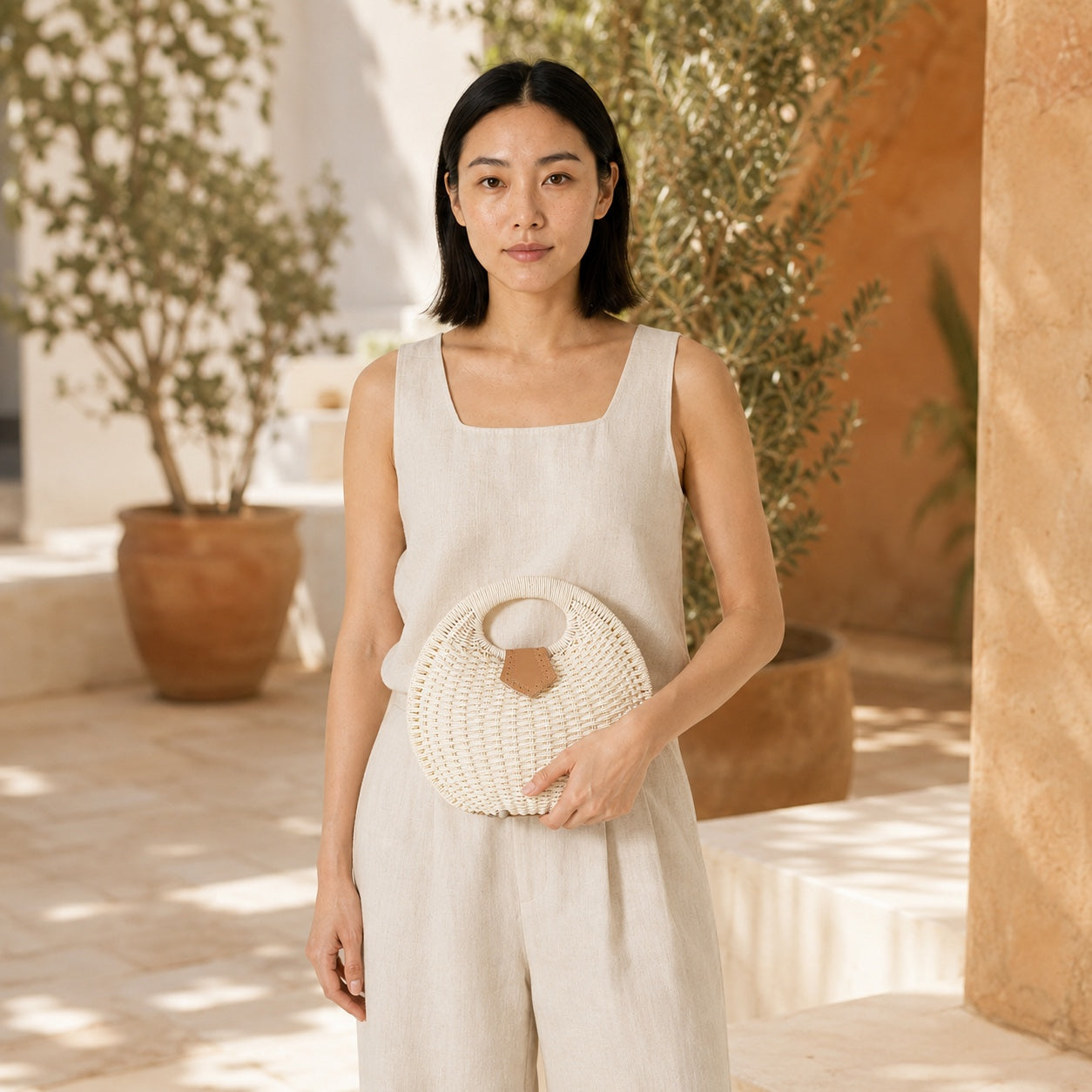 Model carrying the Hondarribia - Rattan Clutch