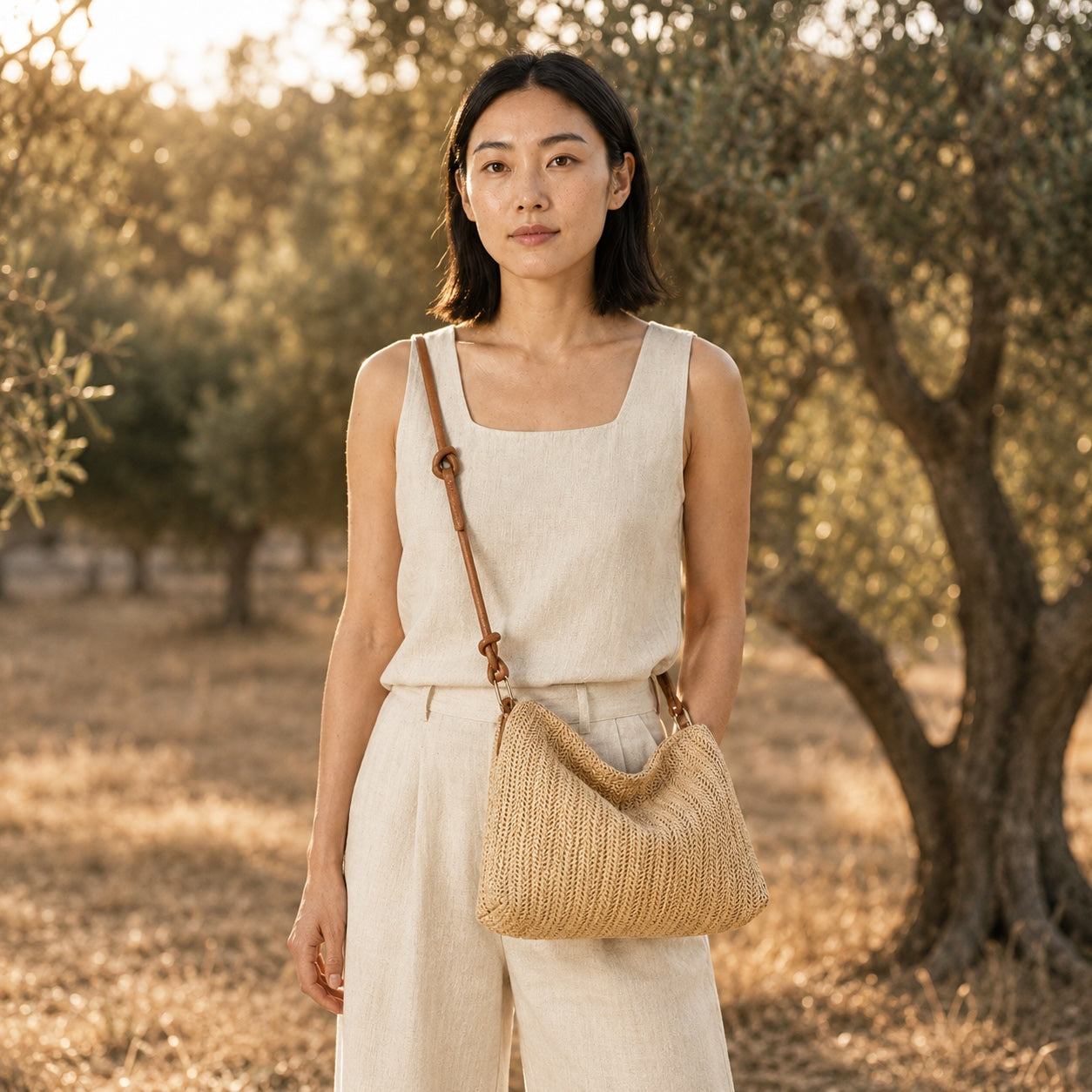 Model carrying the Imperia - Rattan Crossbody Bag