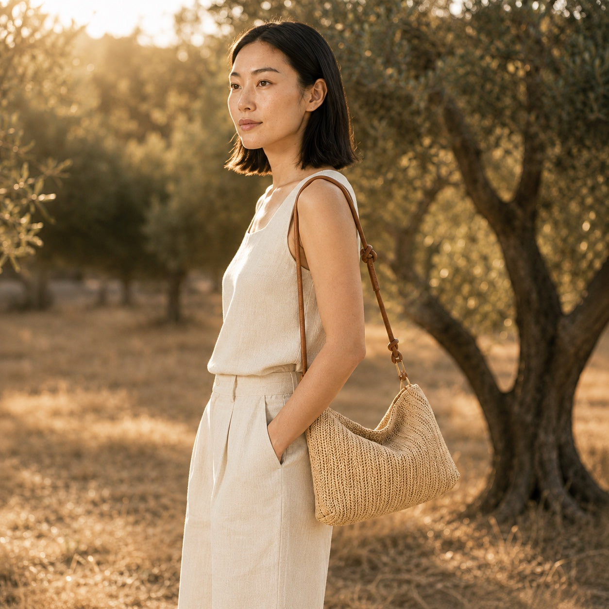 Model wearing the Imperia - Rattan Crossbody Bag, side view