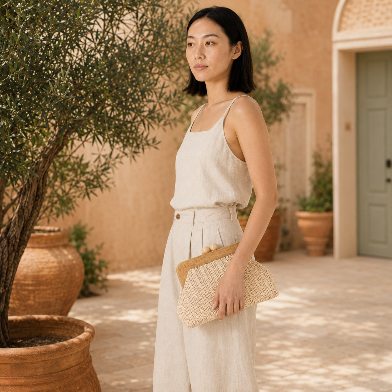Model wearing the Kefalonia - Straw Clutch, side view