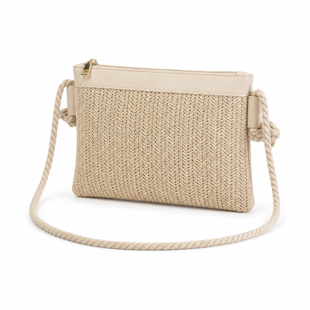 Krk - Rattan Crossbody Bag in Beige, three-quarter front view