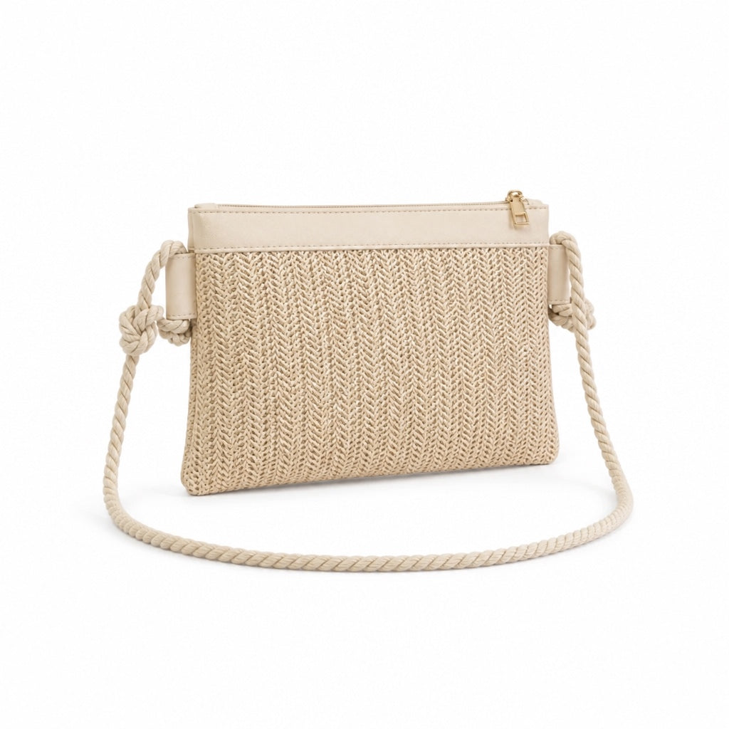 Krk - Rattan Crossbody Bag in Beige, three-quarter back view