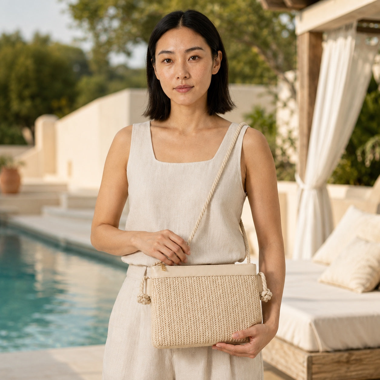 Model carrying the Krk - Rattan Crossbody Bag in Beige