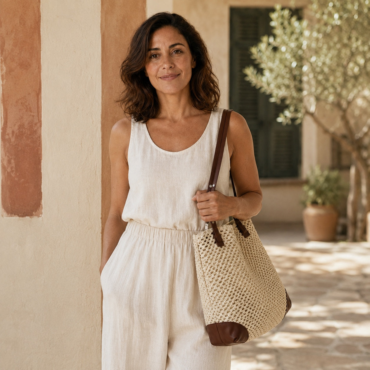 Model carrying the Lerici - Straw Shoulder Bag