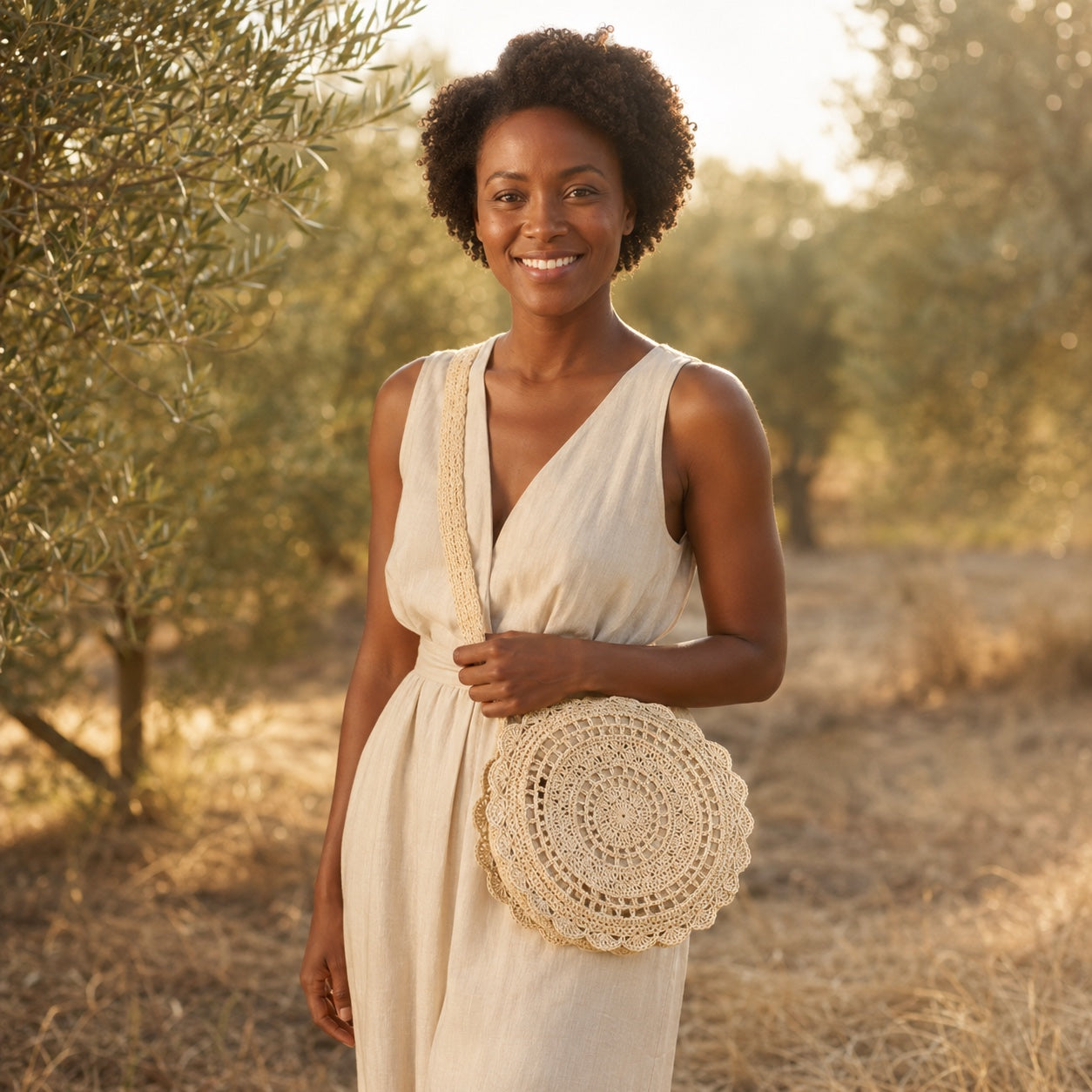 Model carrying the Masua - Round Rattan Bag