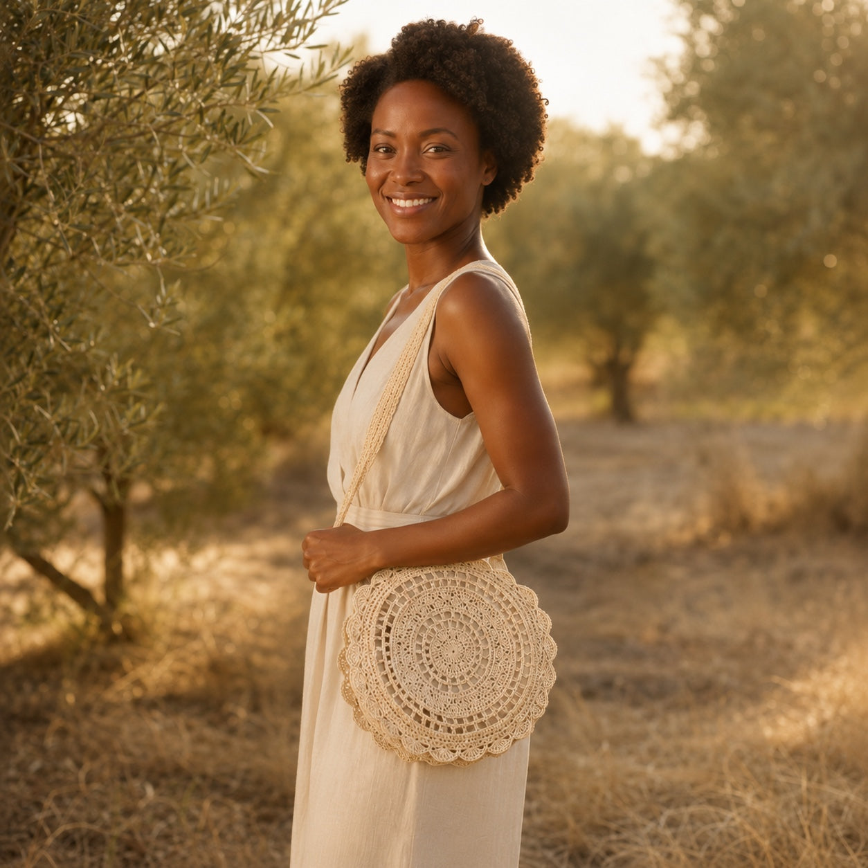 Model wearing the Masua - Round Rattan Bag, side view