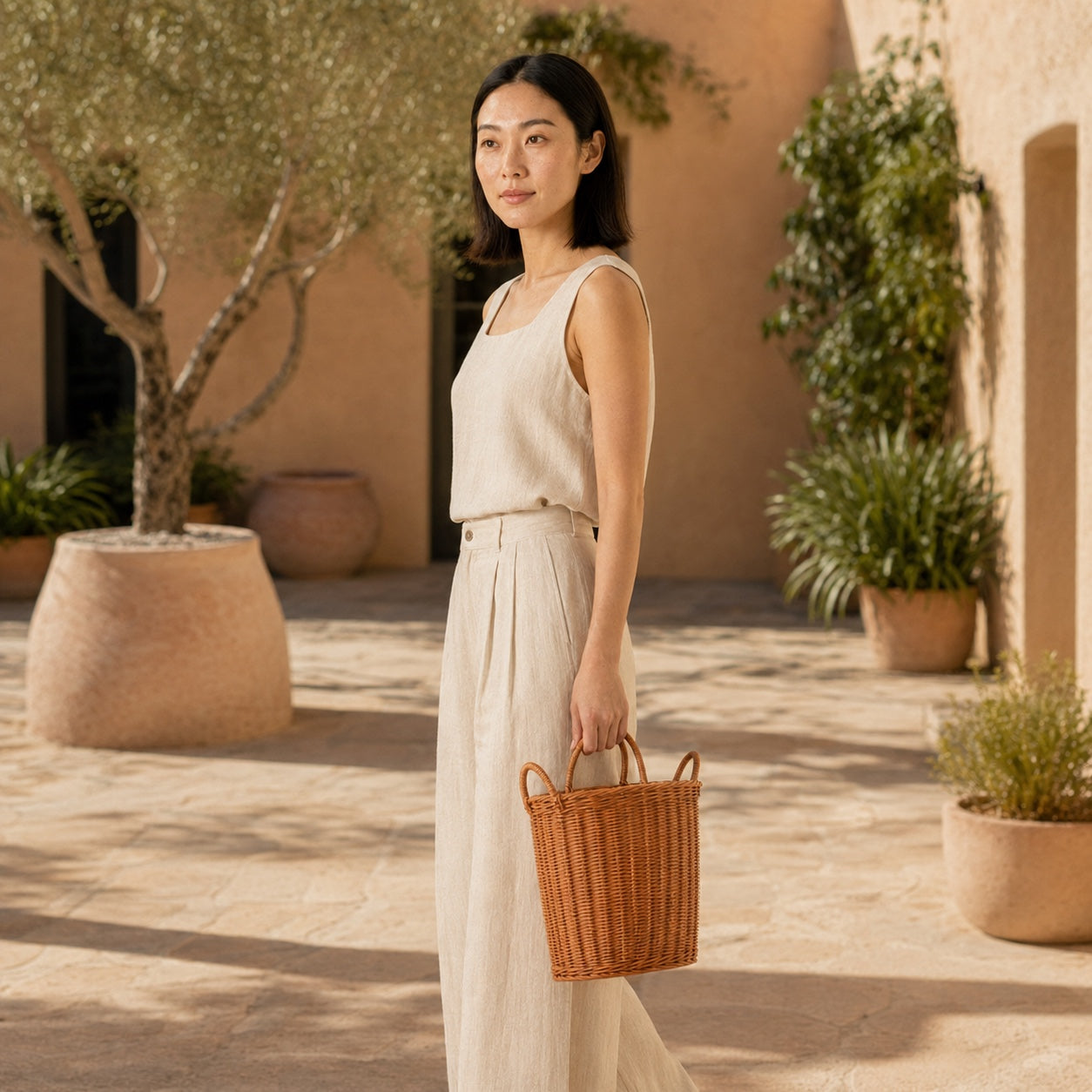 Model wearing the Minori - Rattan Handbag, side view
