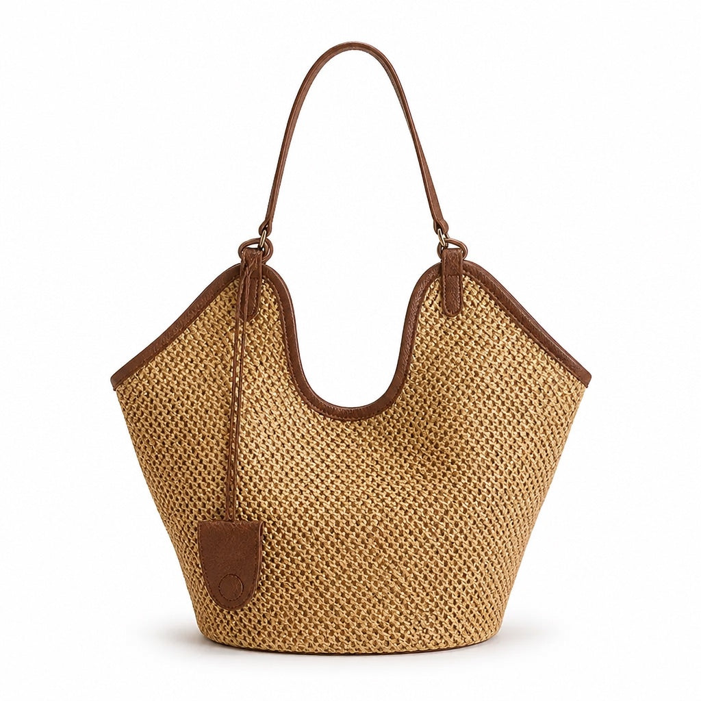 Nafplio - Straw Bucket Bag, front view on white background