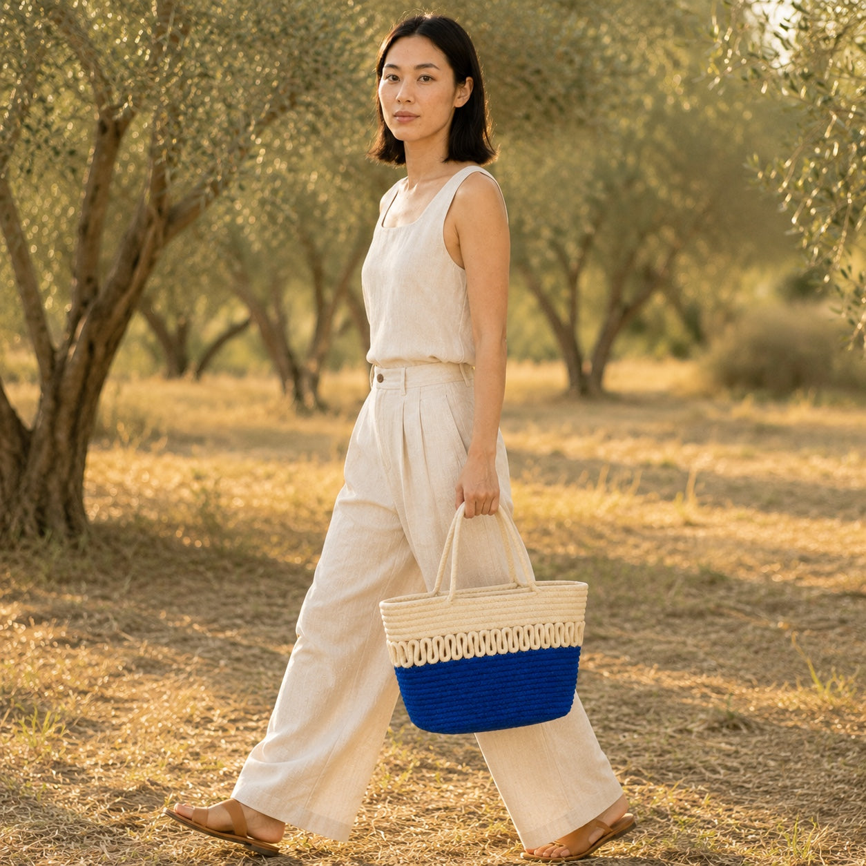 Model wearing the Nardo - Woven Beach Tote, side view