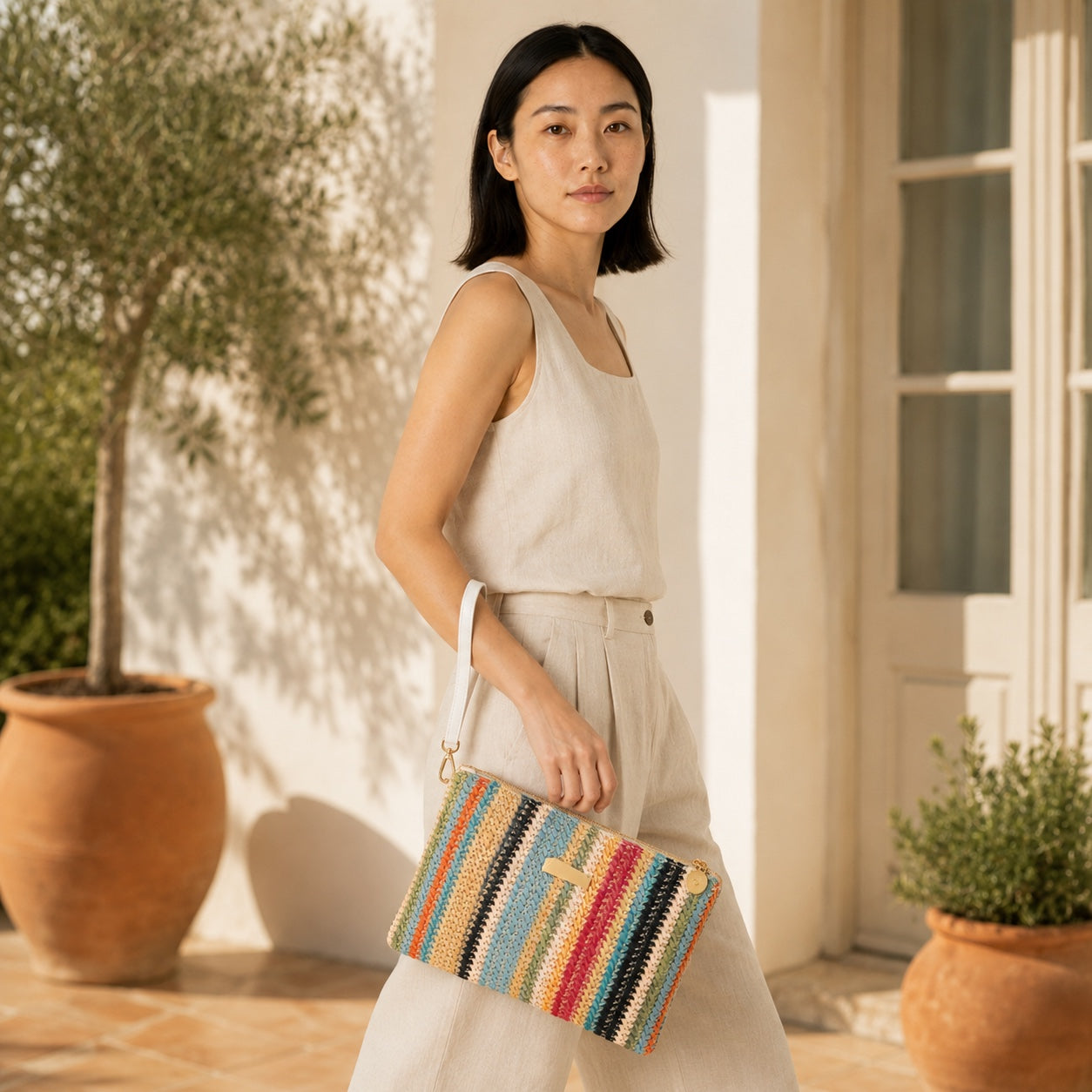 Model wearing the Naxos - Straw Clutch, side view