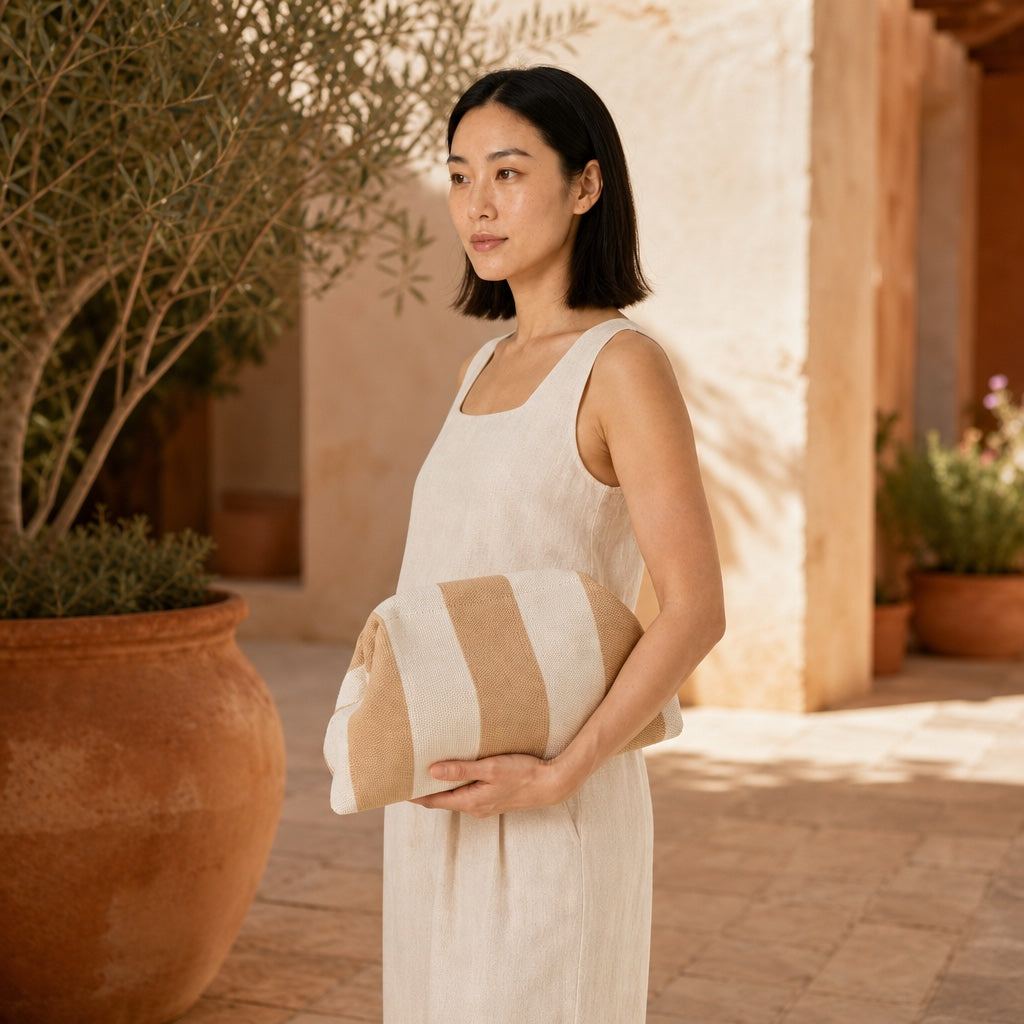Model wearing the Nerja - Straw Clutch, side view