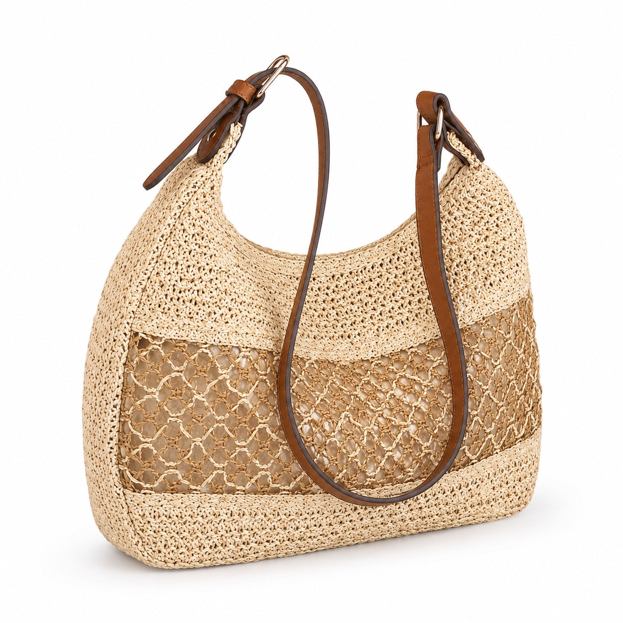 Nora - Woven Beach Tote, three-quarter front view