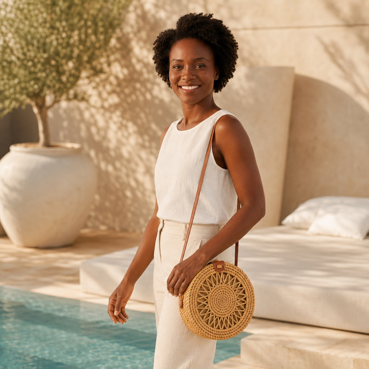Model wearing the Obidos - Rattan Shoulder Bag, side view