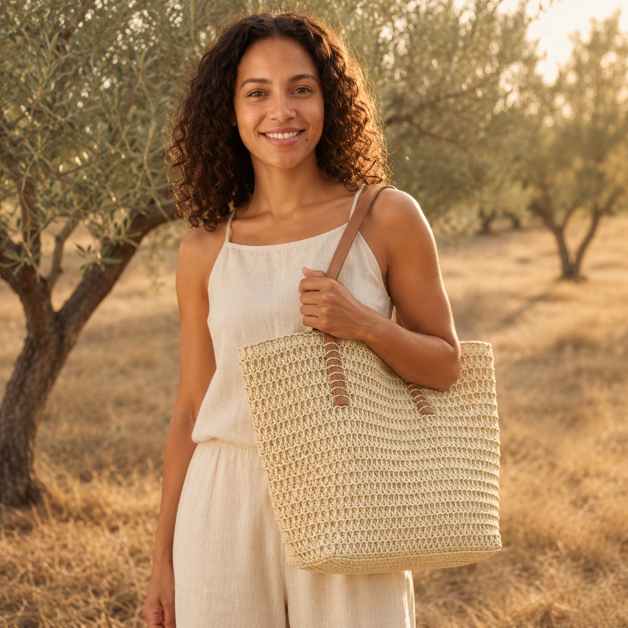 Model carrying the Orosei - Crochet Tote Bag